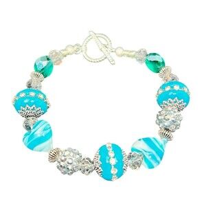 Chunky And Colorful Beaded Bracelet 7.5"  Blues And Bling  Toggle Handmade Gift